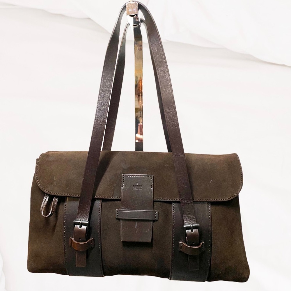 GUCCI brown suede shoulder bag double straps EXC COND